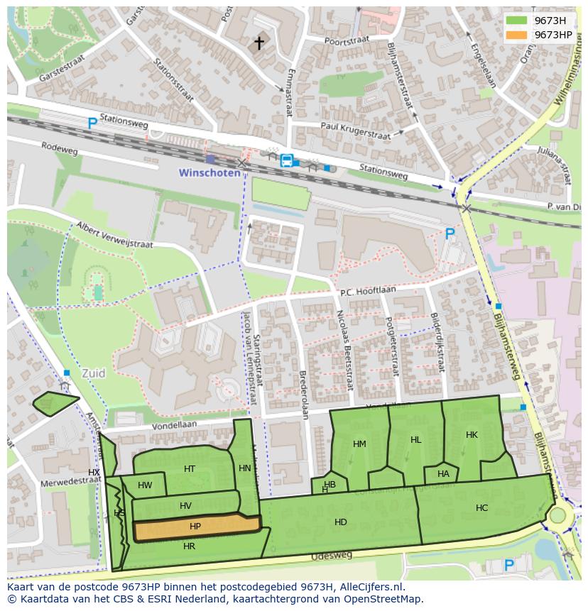 Afbeelding van het postcodegebied 9673 HP op de kaart.