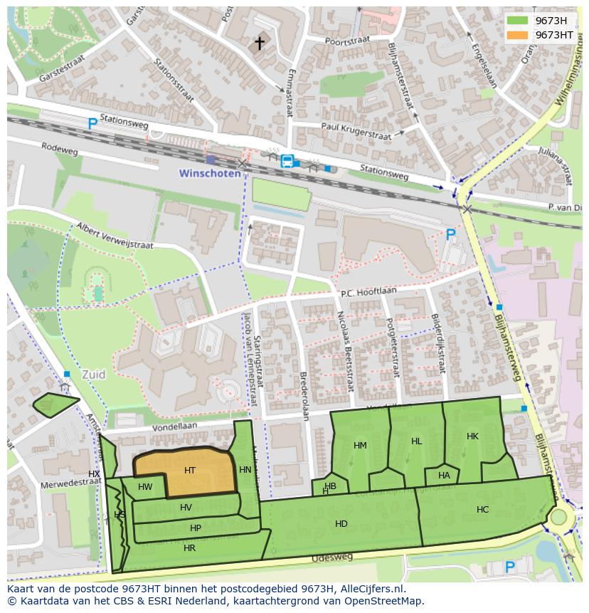 Afbeelding van het postcodegebied 9673 HT op de kaart.