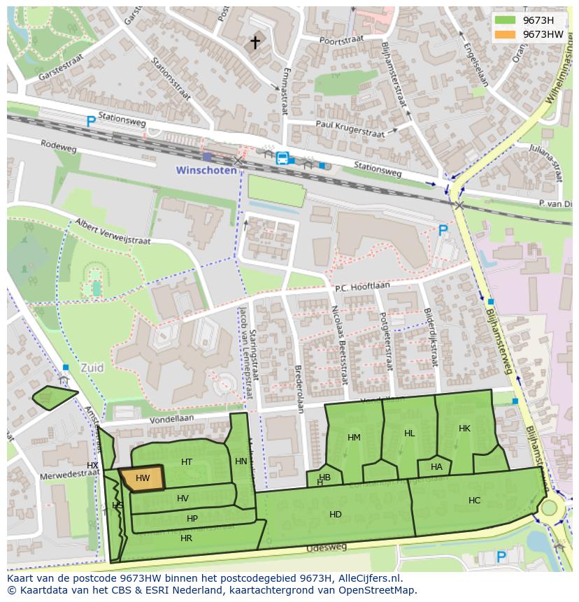 Afbeelding van het postcodegebied 9673 HW op de kaart.