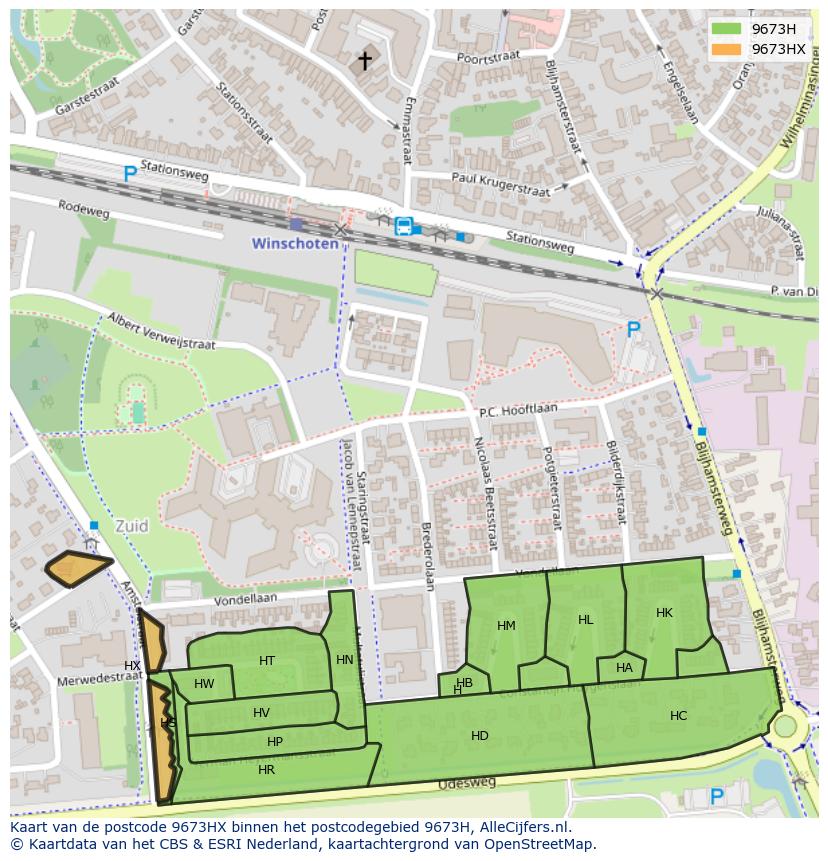Afbeelding van het postcodegebied 9673 HX op de kaart.