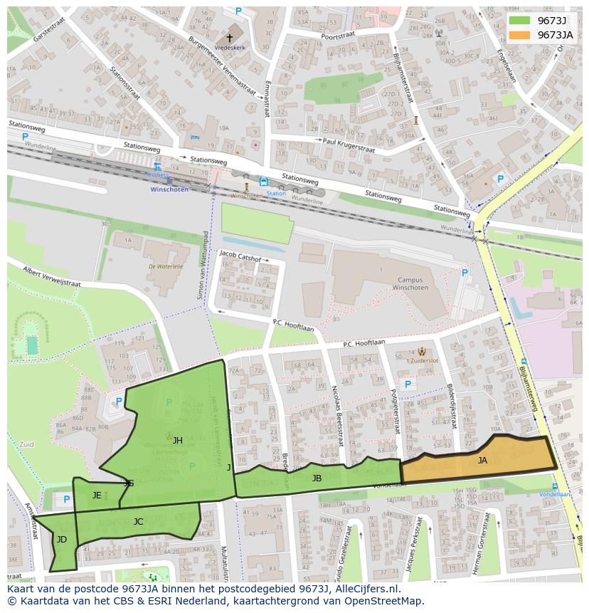 Afbeelding van het postcodegebied 9673 JA op de kaart.
