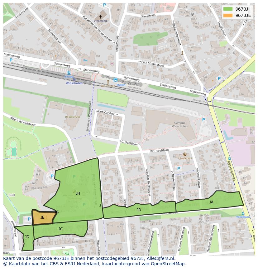 Afbeelding van het postcodegebied 9673 JE op de kaart.