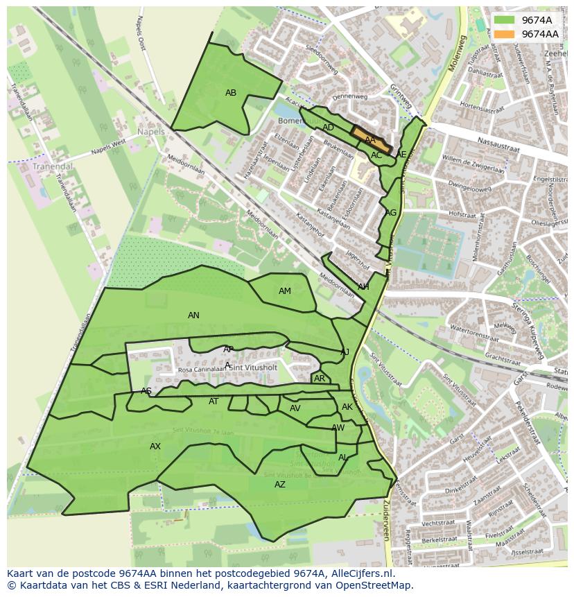 Afbeelding van het postcodegebied 9674 AA op de kaart.