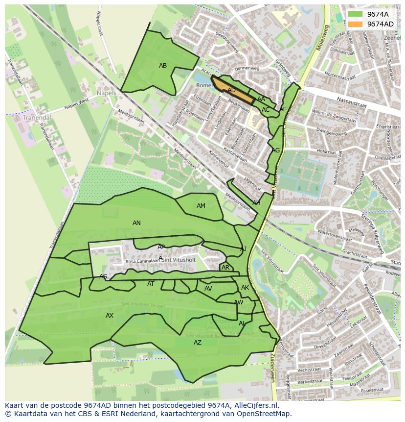Afbeelding van het postcodegebied 9674 AD op de kaart.