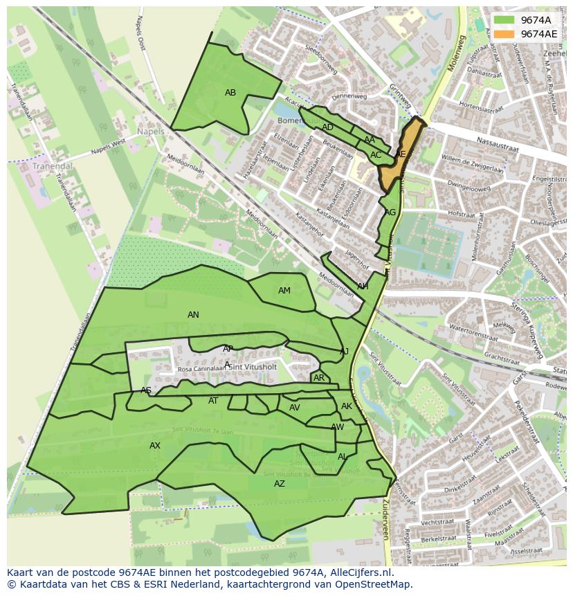 Afbeelding van het postcodegebied 9674 AE op de kaart.
