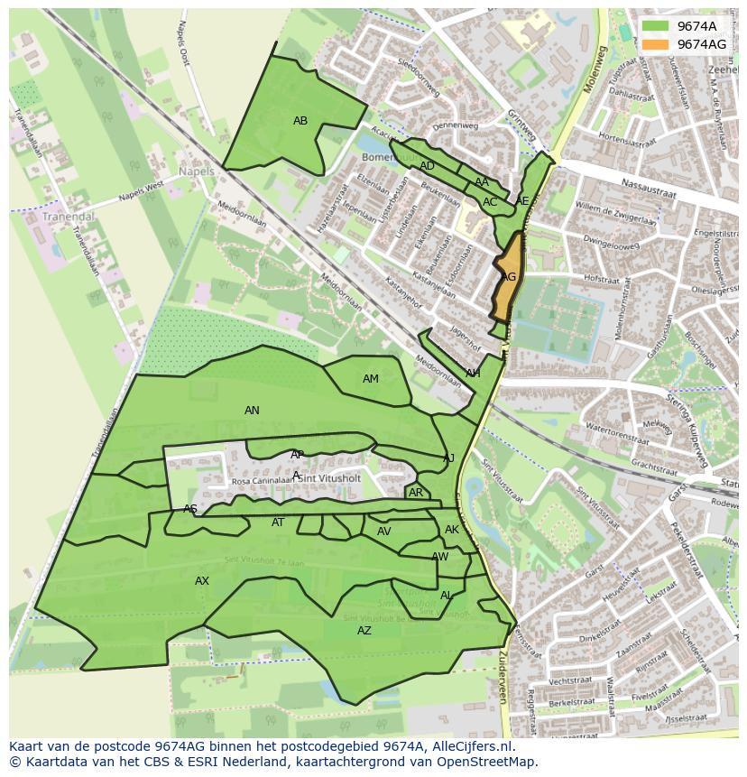 Afbeelding van het postcodegebied 9674 AG op de kaart.