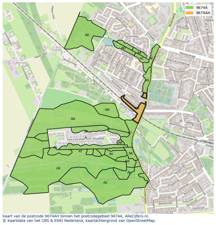 Afbeelding van het postcodegebied 9674 AH op de kaart.