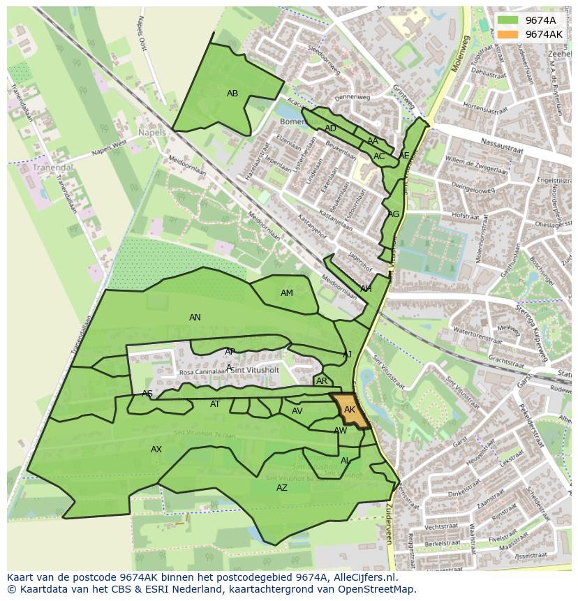 Afbeelding van het postcodegebied 9674 AK op de kaart.