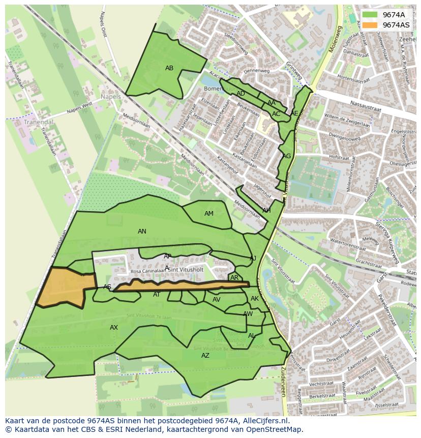 Afbeelding van het postcodegebied 9674 AS op de kaart.
