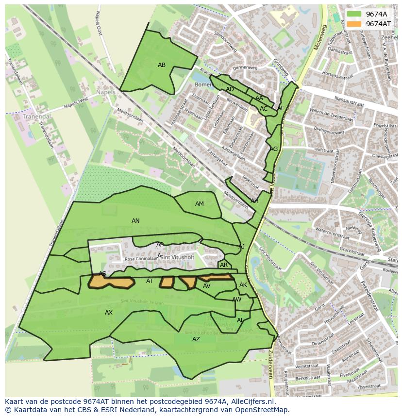 Afbeelding van het postcodegebied 9674 AT op de kaart.