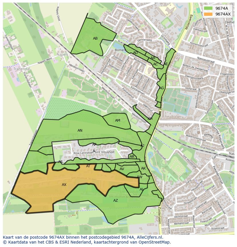 Afbeelding van het postcodegebied 9674 AX op de kaart.