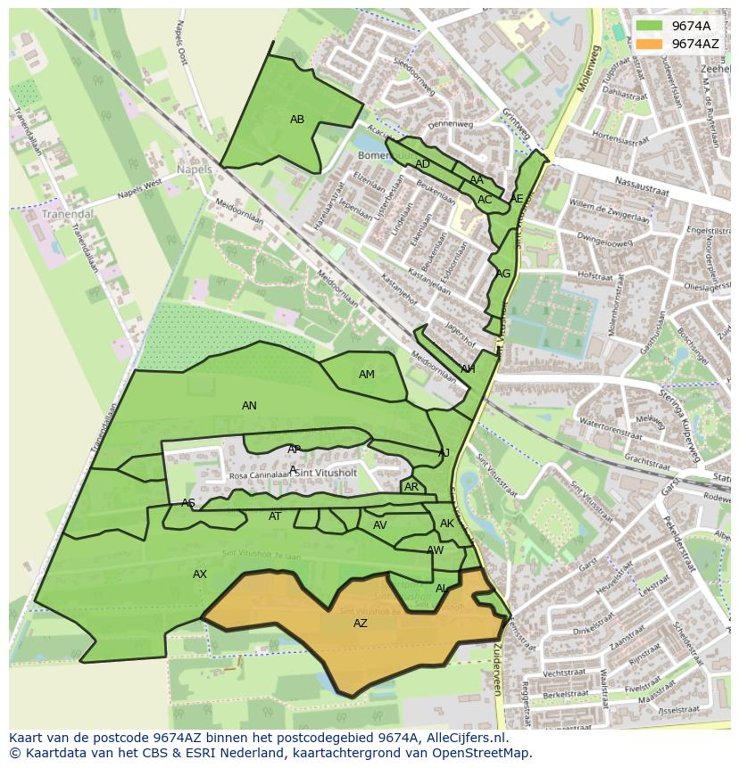 Afbeelding van het postcodegebied 9674 AZ op de kaart.