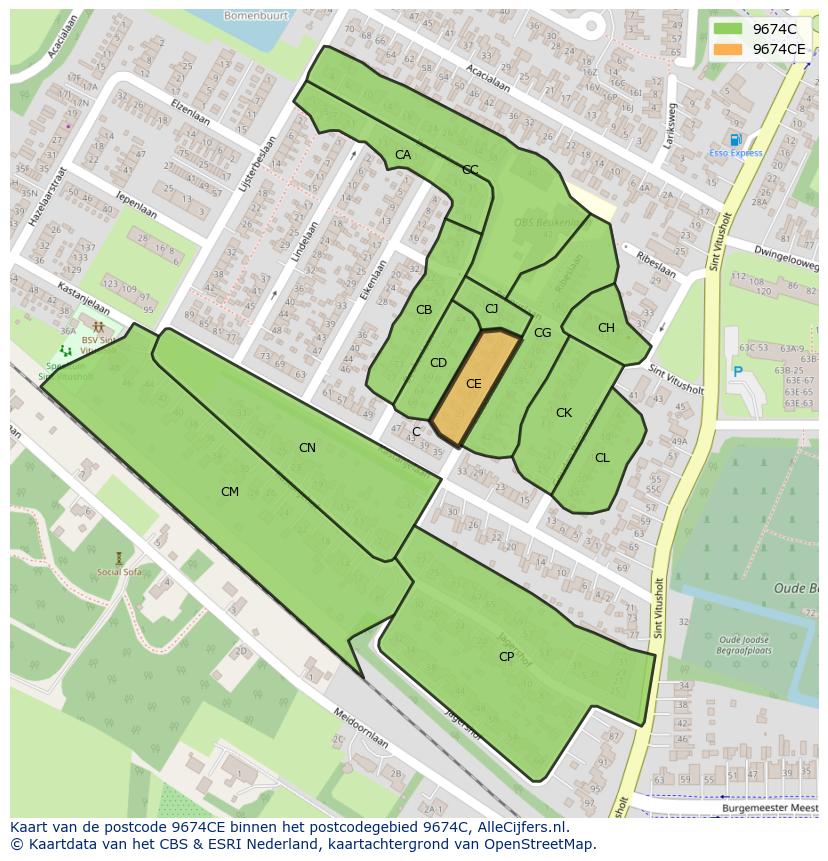 Afbeelding van het postcodegebied 9674 CE op de kaart.