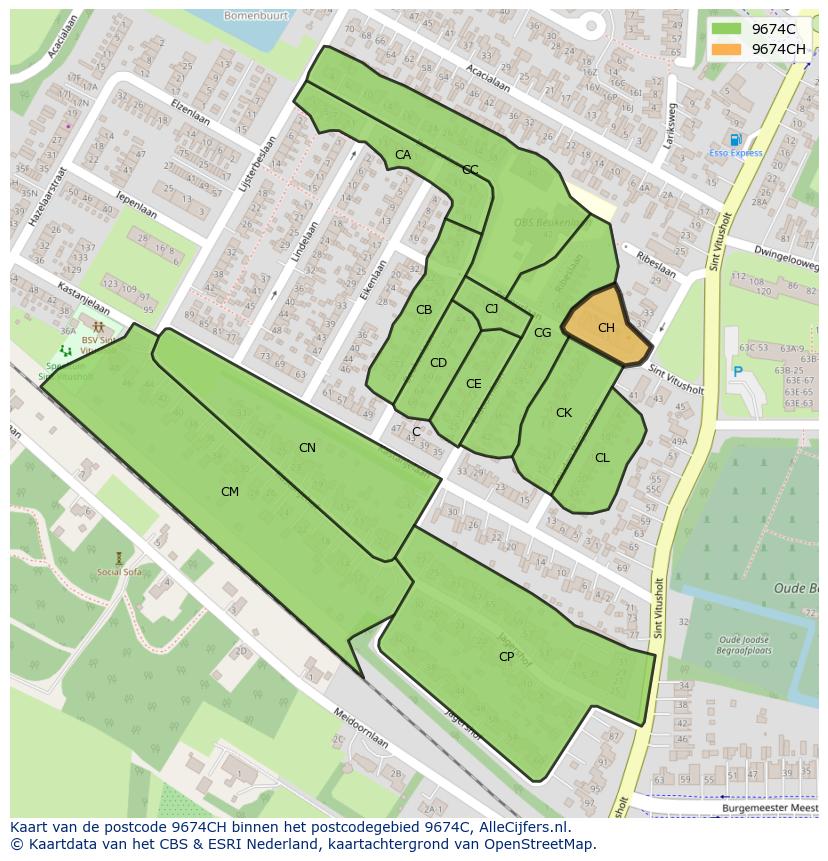 Afbeelding van het postcodegebied 9674 CH op de kaart.