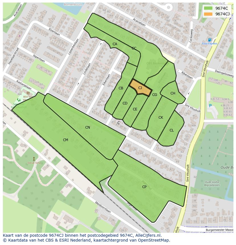 Afbeelding van het postcodegebied 9674 CJ op de kaart.