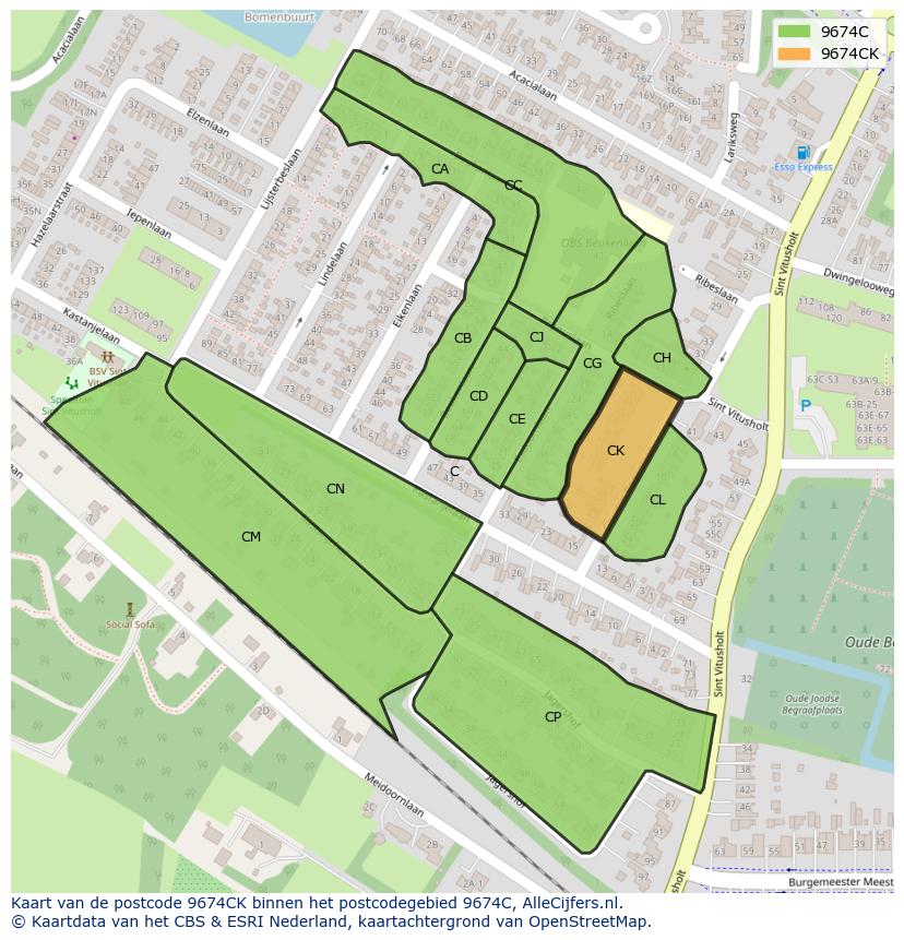 Afbeelding van het postcodegebied 9674 CK op de kaart.