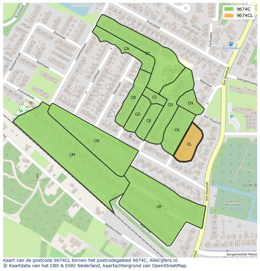 Afbeelding van het postcodegebied 9674 CL op de kaart.