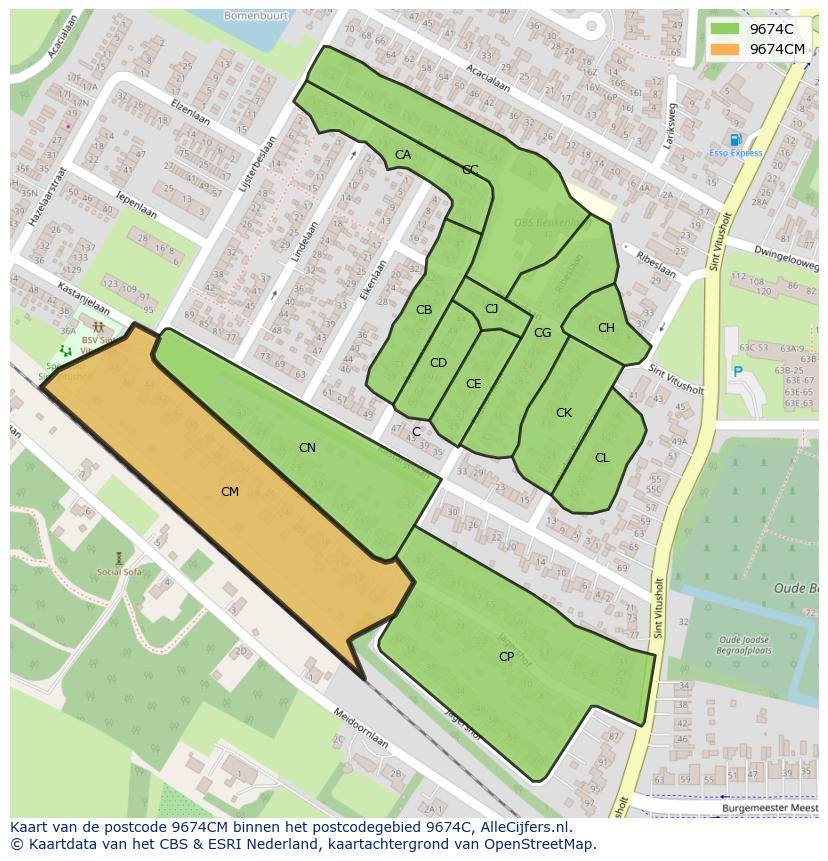 Afbeelding van het postcodegebied 9674 CM op de kaart.