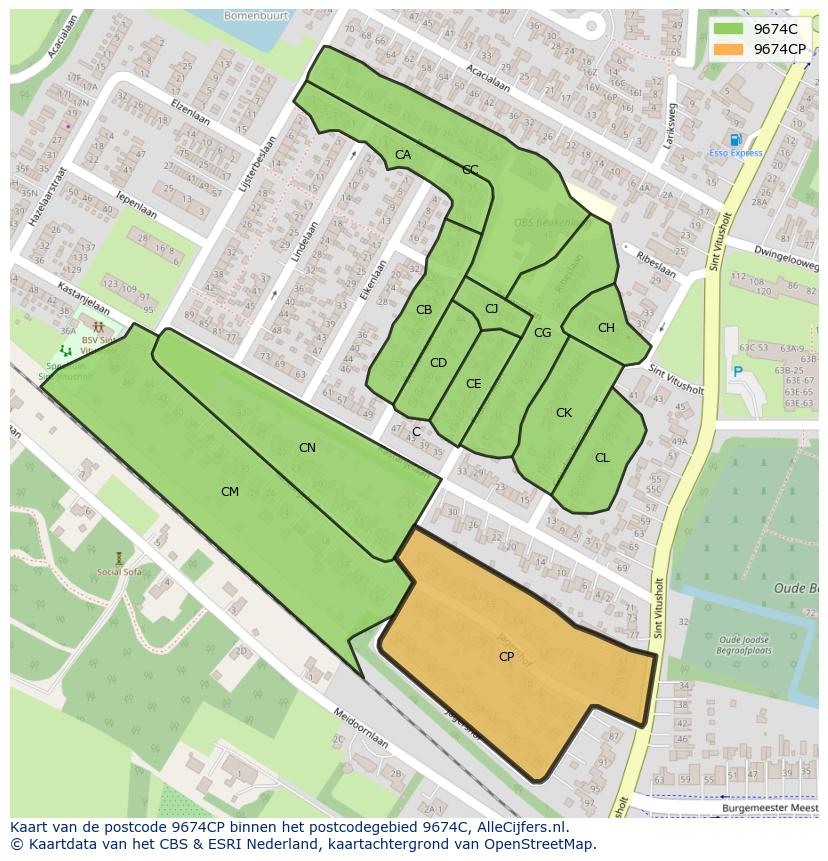 Afbeelding van het postcodegebied 9674 CP op de kaart.