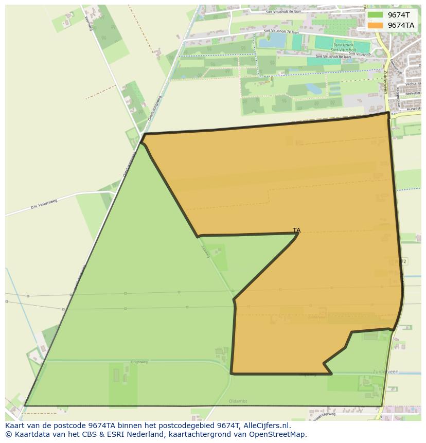 Afbeelding van het postcodegebied 9674 TA op de kaart.