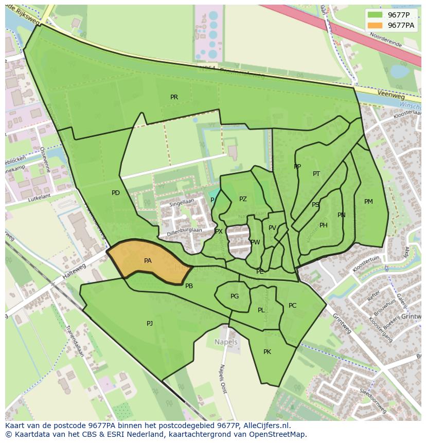 Afbeelding van het postcodegebied 9677 PA op de kaart.