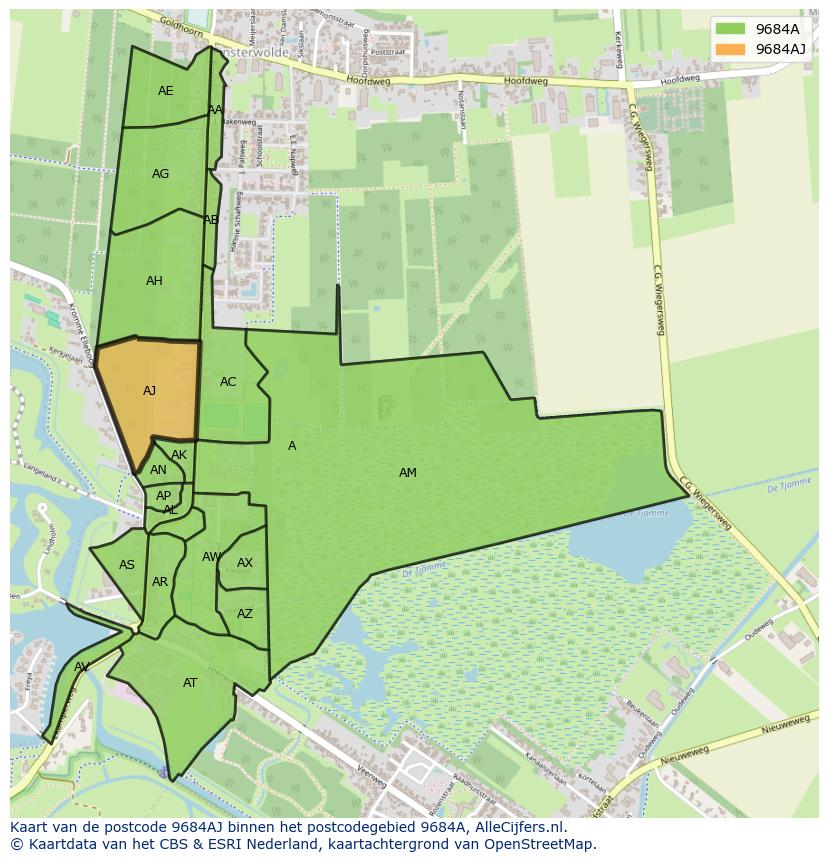 Afbeelding van het postcodegebied 9684 AJ op de kaart.