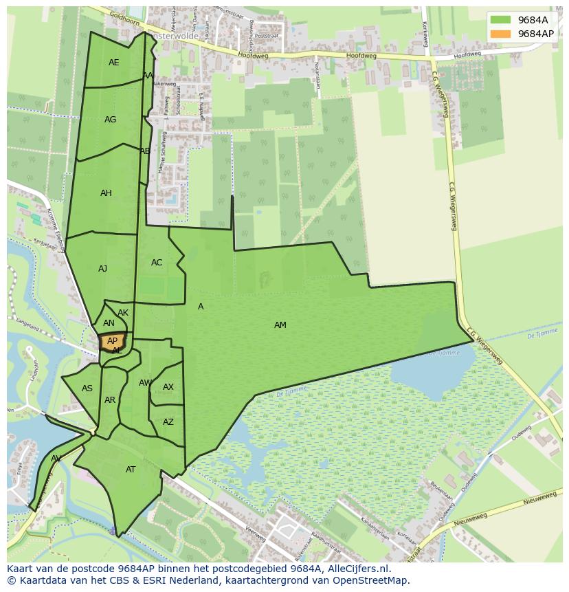 Afbeelding van het postcodegebied 9684 AP op de kaart.