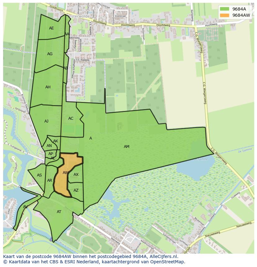 Afbeelding van het postcodegebied 9684 AW op de kaart.