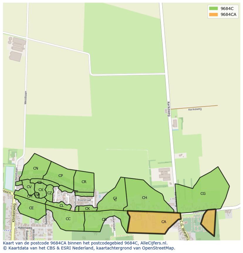 Afbeelding van het postcodegebied 9684 CA op de kaart.