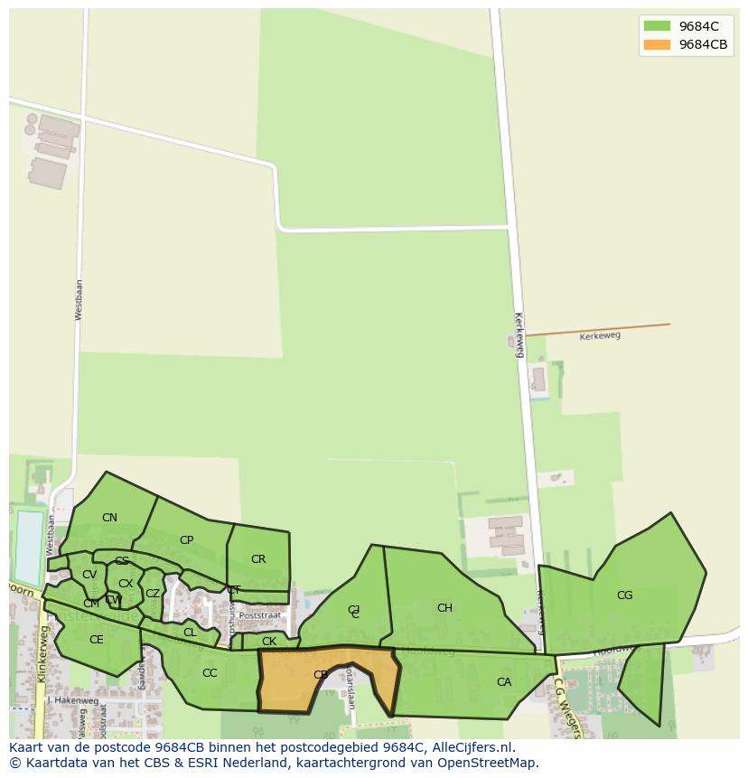 Afbeelding van het postcodegebied 9684 CB op de kaart.