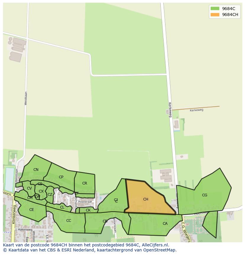 Afbeelding van het postcodegebied 9684 CH op de kaart.