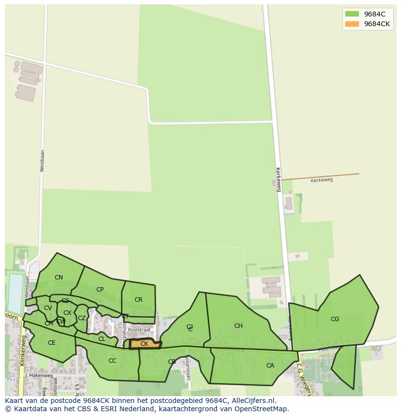 Afbeelding van het postcodegebied 9684 CK op de kaart.