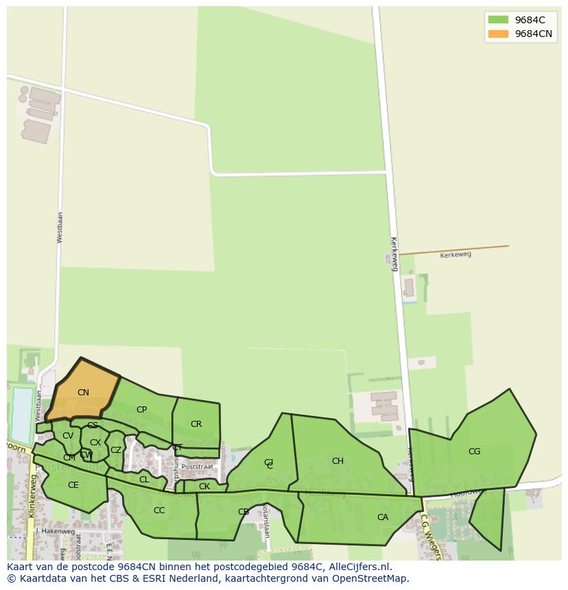 Afbeelding van het postcodegebied 9684 CN op de kaart.
