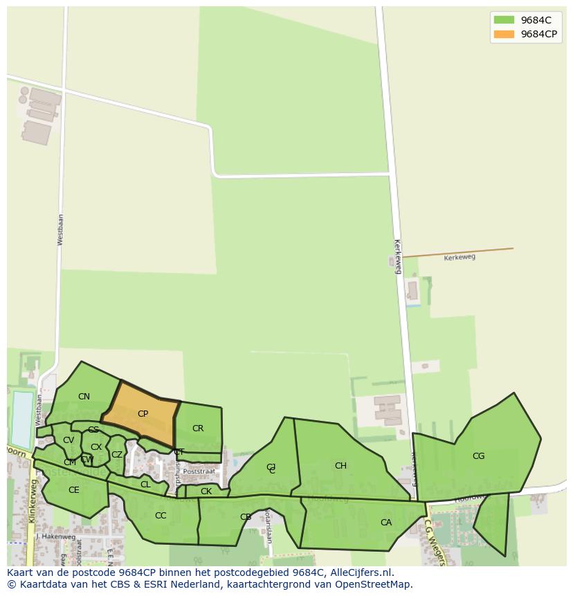 Afbeelding van het postcodegebied 9684 CP op de kaart.