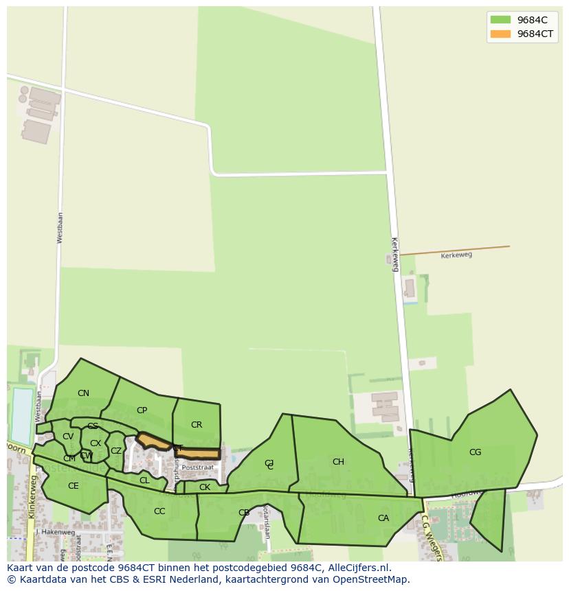 Afbeelding van het postcodegebied 9684 CT op de kaart.