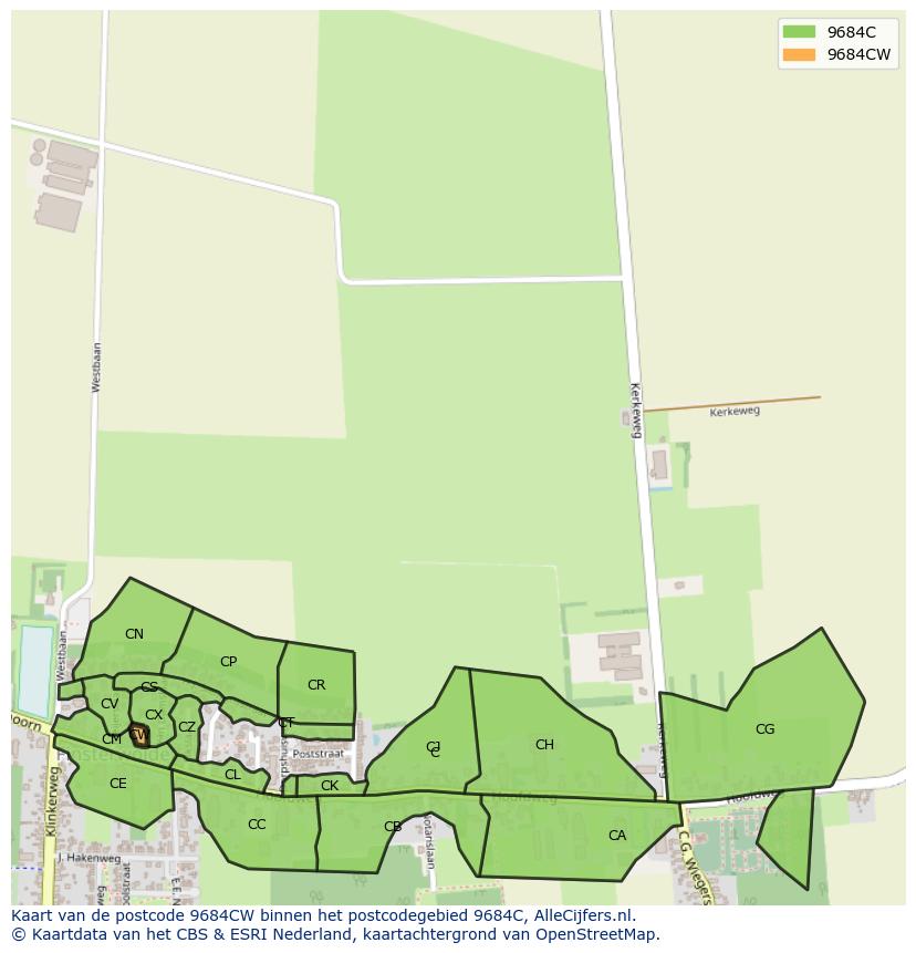 Afbeelding van het postcodegebied 9684 CW op de kaart.