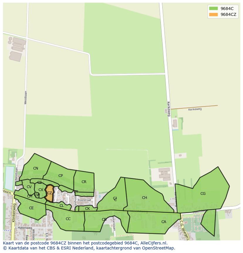 Afbeelding van het postcodegebied 9684 CZ op de kaart.