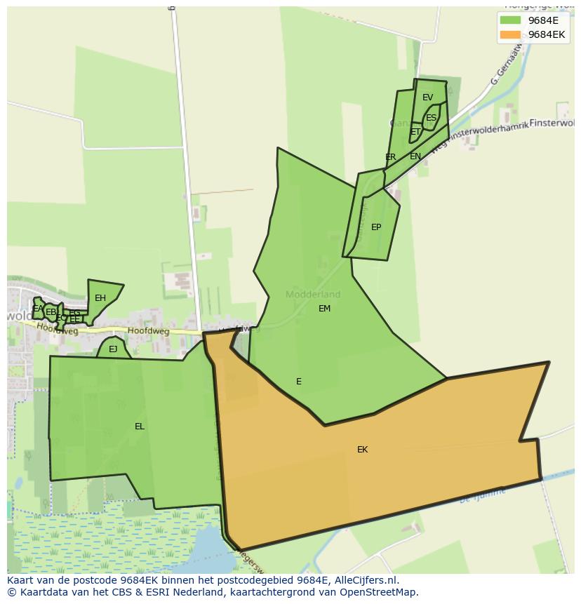 Afbeelding van het postcodegebied 9684 EK op de kaart.