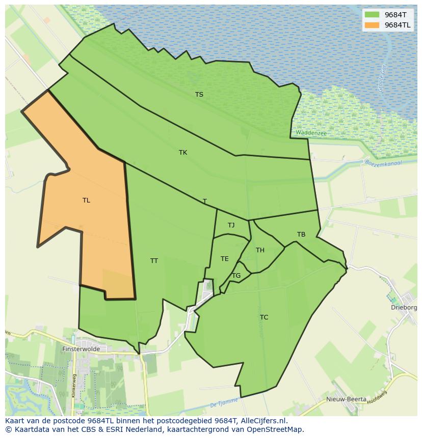 Afbeelding van het postcodegebied 9684 TL op de kaart.