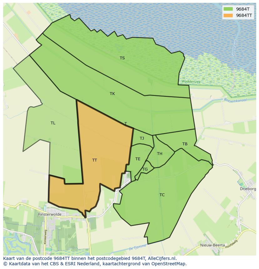 Afbeelding van het postcodegebied 9684 TT op de kaart.