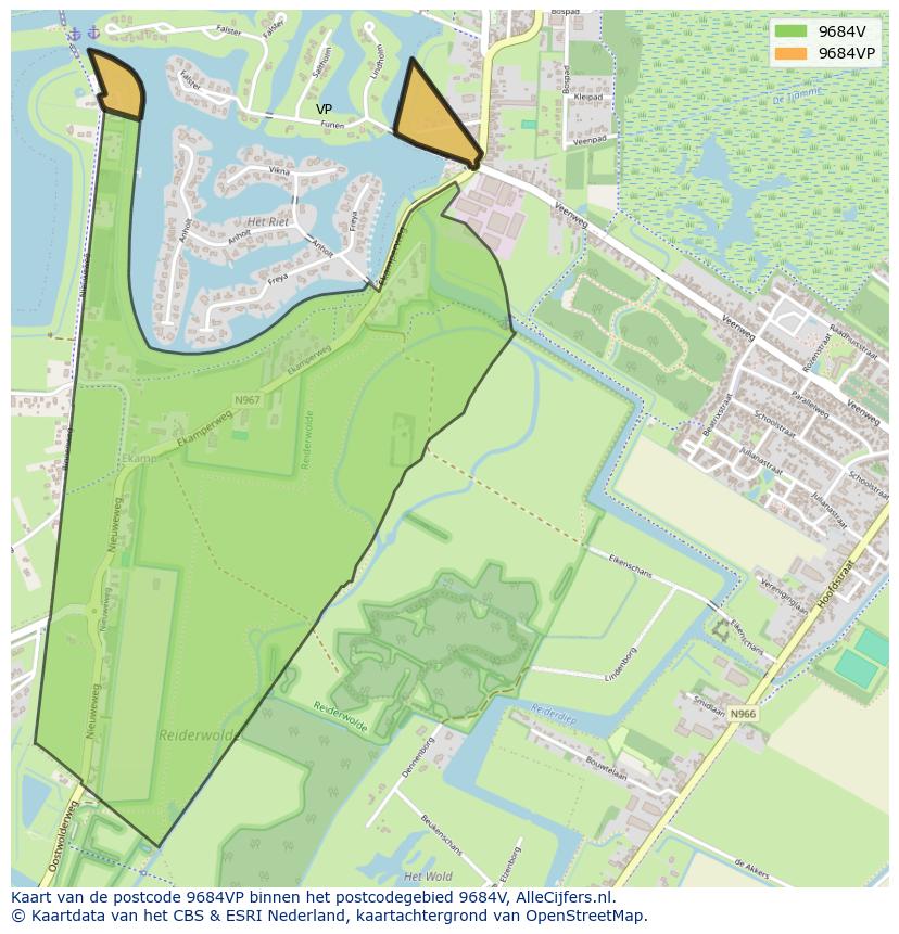 Afbeelding van het postcodegebied 9684 VP op de kaart.