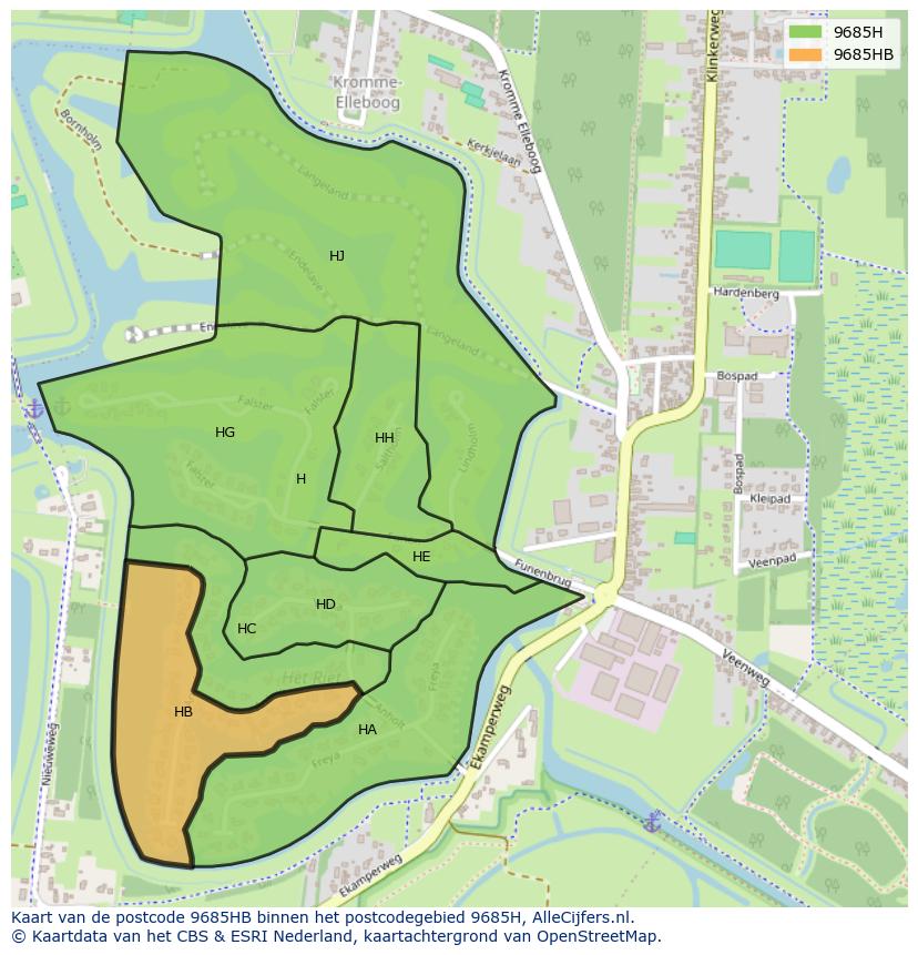 Afbeelding van het postcodegebied 9685 HB op de kaart.