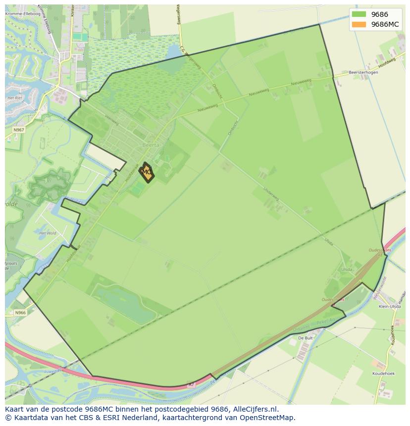 Afbeelding van het postcodegebied 9686 MC op de kaart.