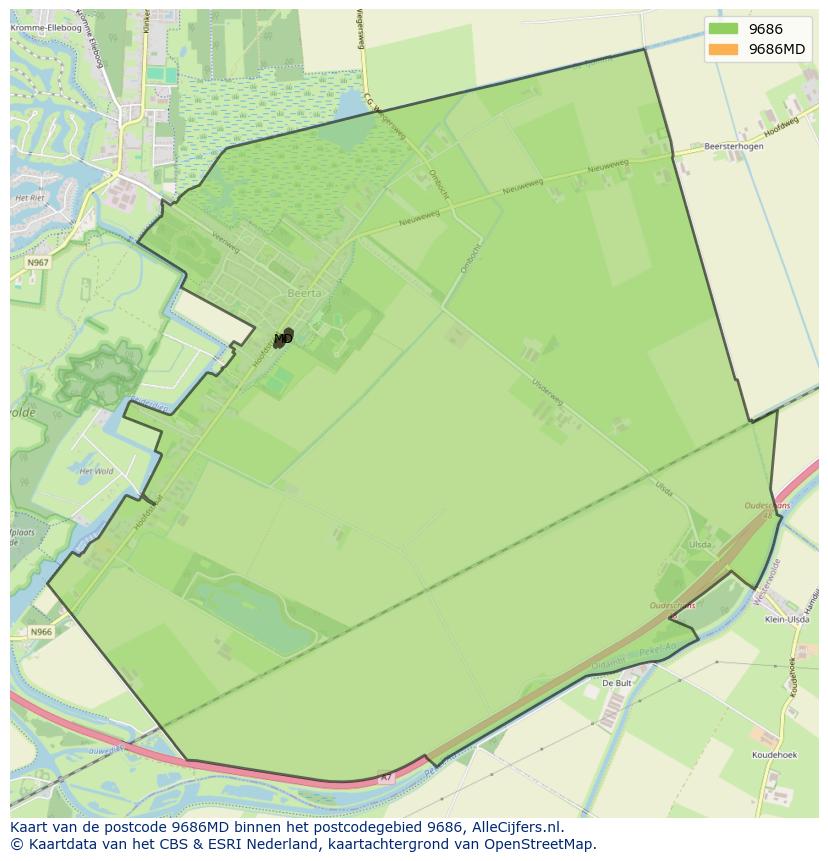 Afbeelding van het postcodegebied 9686 MD op de kaart.