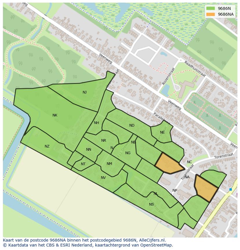 Afbeelding van het postcodegebied 9686 NA op de kaart.