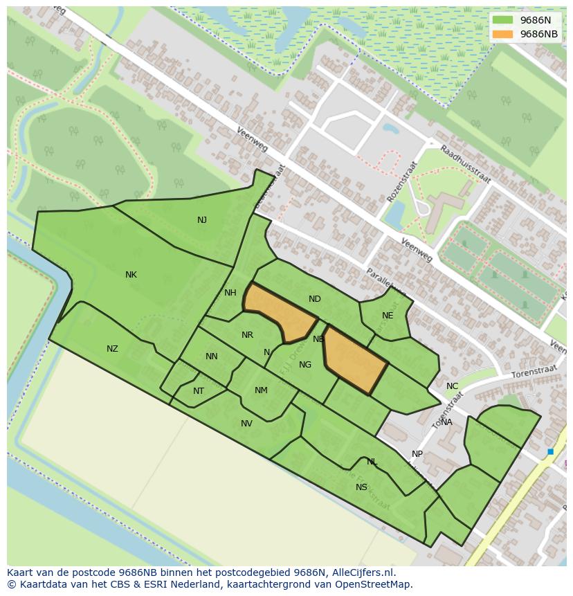 Afbeelding van het postcodegebied 9686 NB op de kaart.