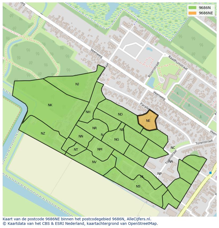 Afbeelding van het postcodegebied 9686 NE op de kaart.