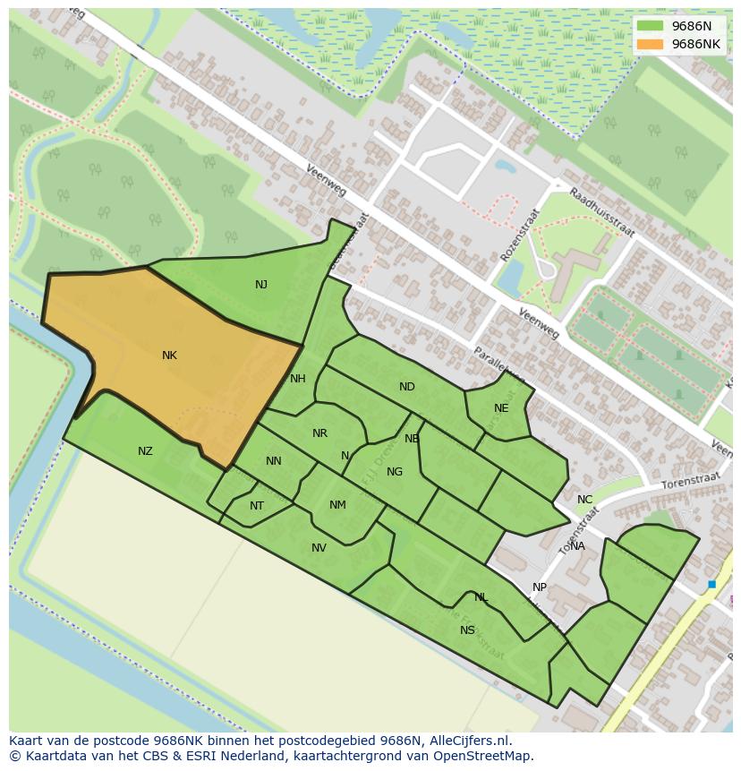 Afbeelding van het postcodegebied 9686 NK op de kaart.