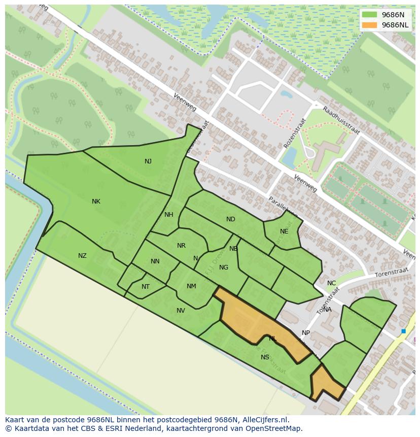 Afbeelding van het postcodegebied 9686 NL op de kaart.