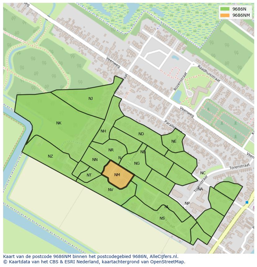 Afbeelding van het postcodegebied 9686 NM op de kaart.